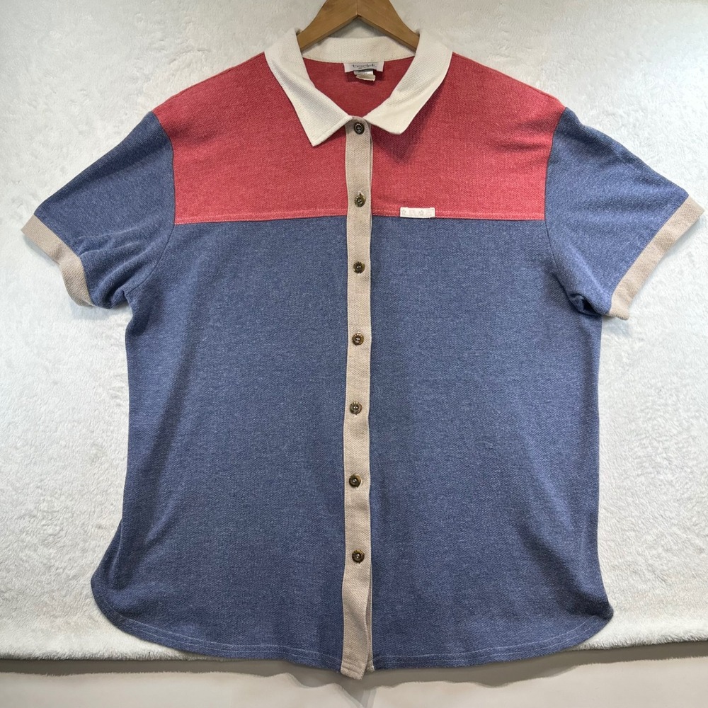 Vintage Teddi Grandmacore Colorblock Button Front Top Large Retro Blue Red Large